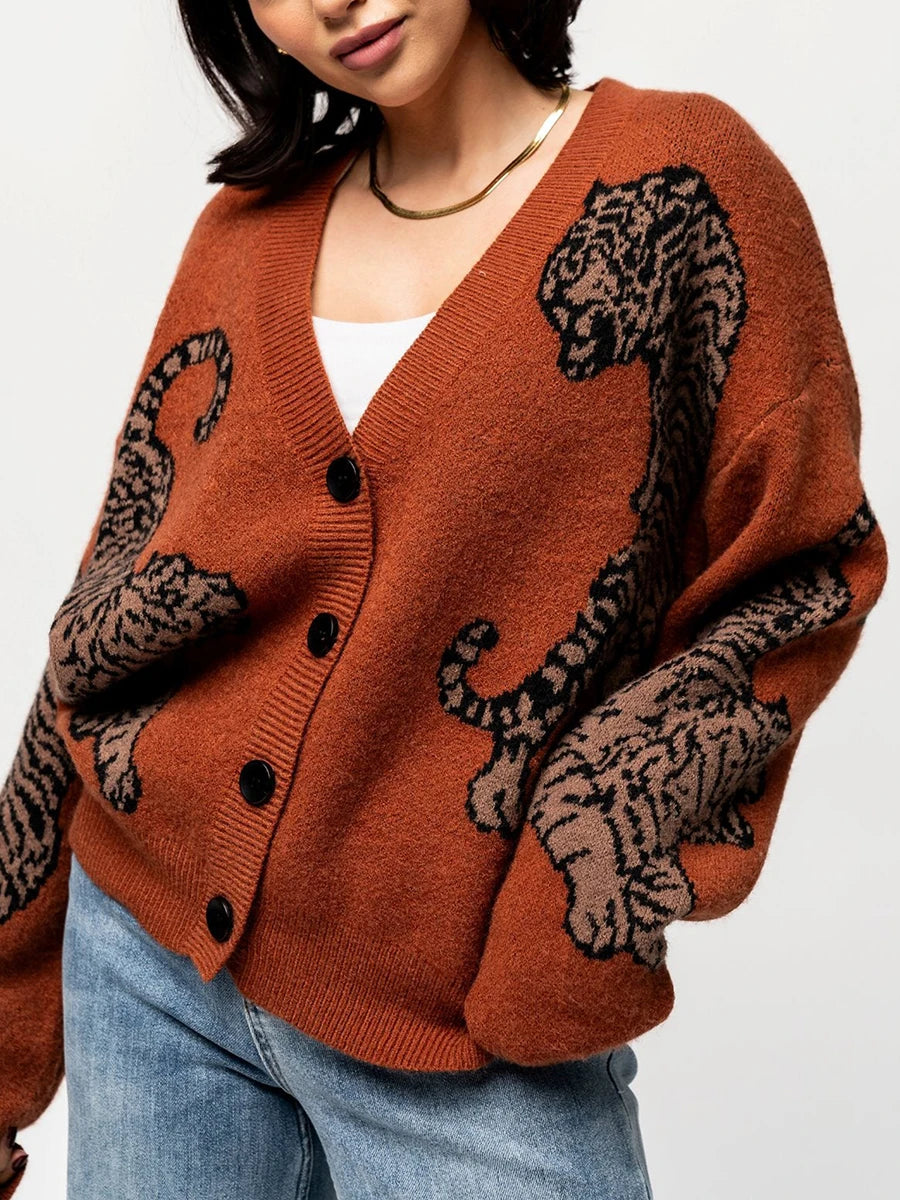 Women s Casual Lightweight Button Up Sweaters with Tiger Print Long Sleeves and Warm Knitwear for Fall Streetwear Fashion
