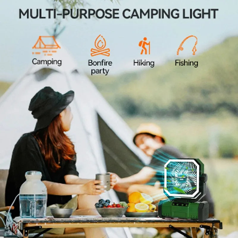 30000mAh Camping Fan with LED Lantern, Rechargeable Battery Operated Oscillating with Remote Hook Steroage Bag