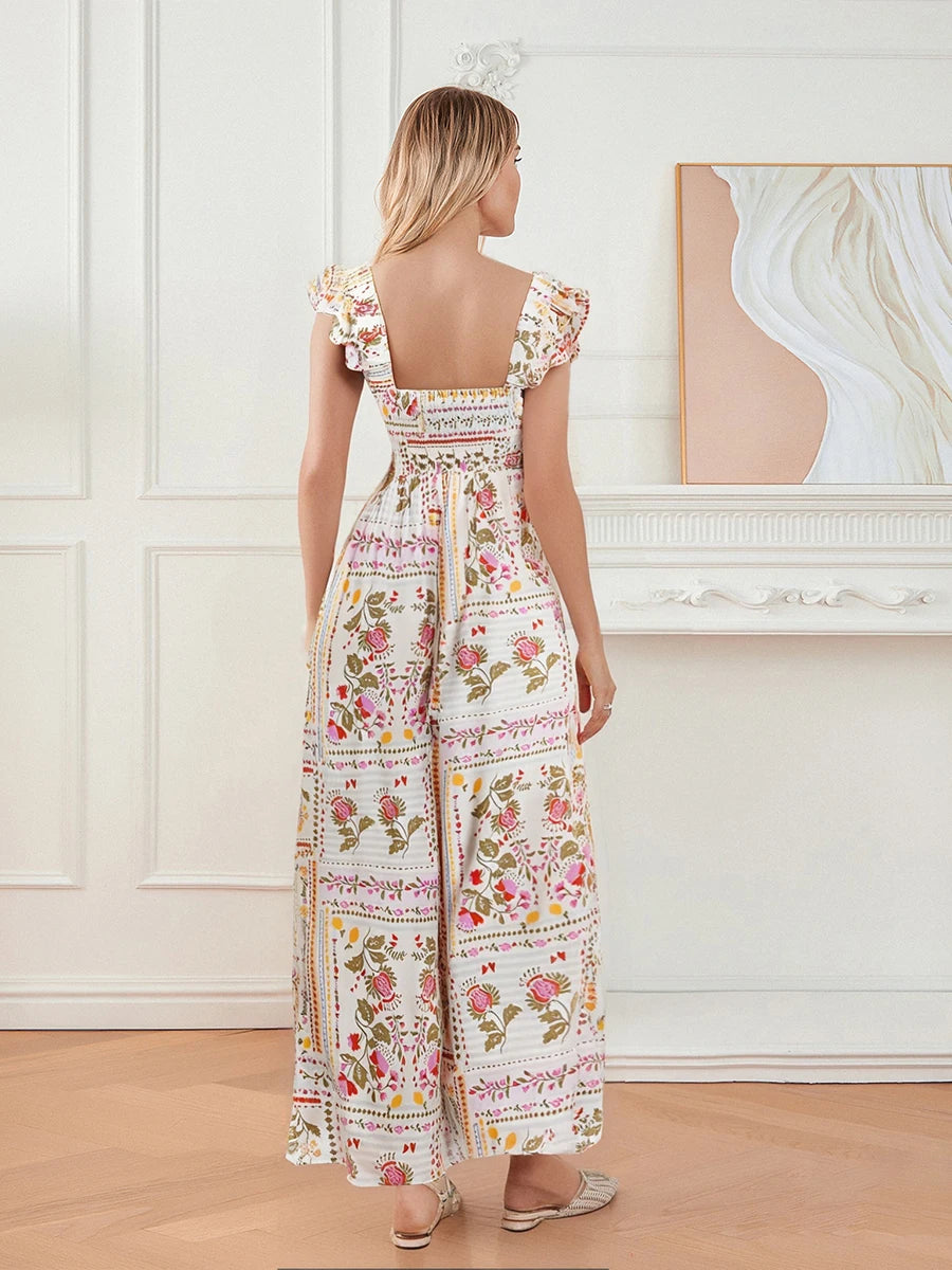 Elegant Vintage Style Sleeveless Floral Print Square Neck Midi Dress with Adjustable Straps for Women s Summer Fashion