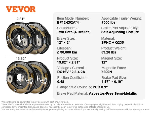 VEVOR Electric Trailer Brake Assembly Kit 12 Inch x 2 Inch for 7000 Pound Axle