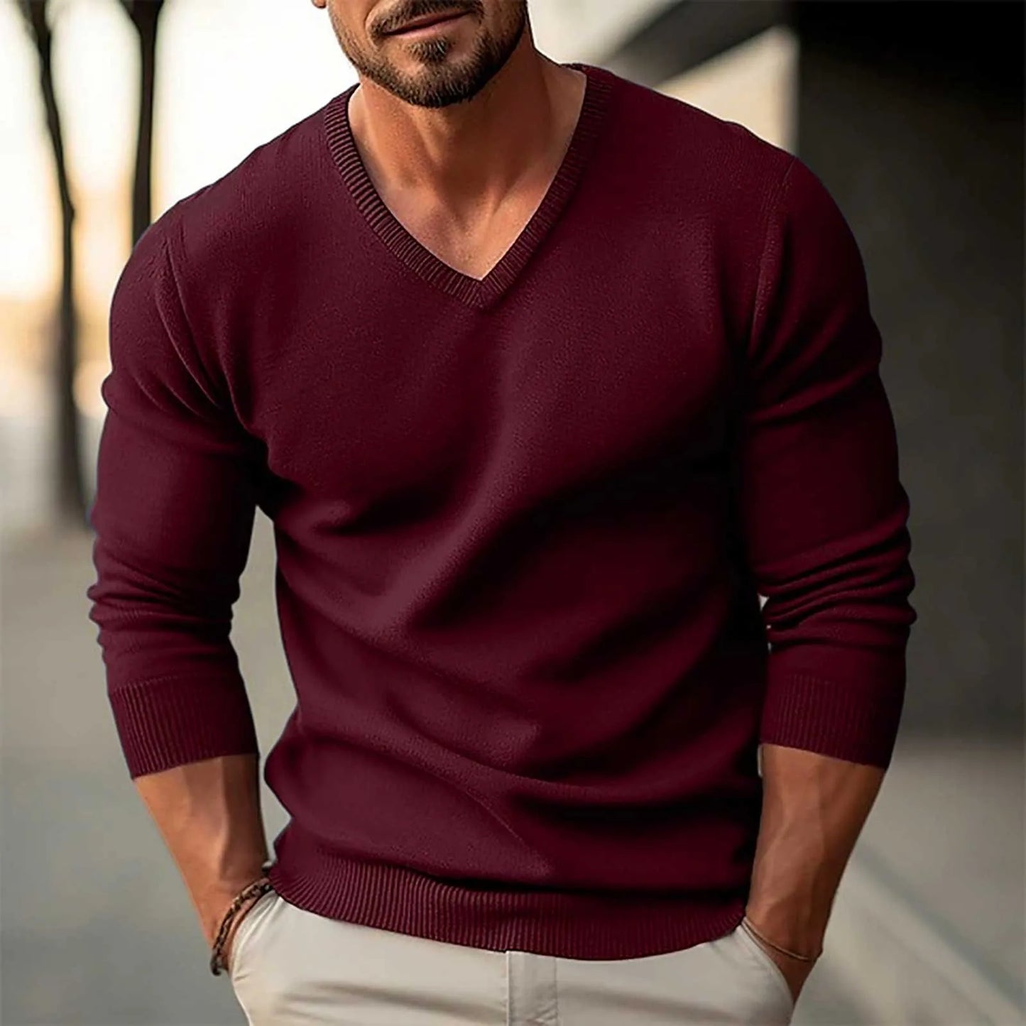 Men's Solid Color Basic Bottoming Shirts Spring Autumn Long Sleeve V Neck Knitted T-Shirts High-Quality Warm Slim Pullover Tops