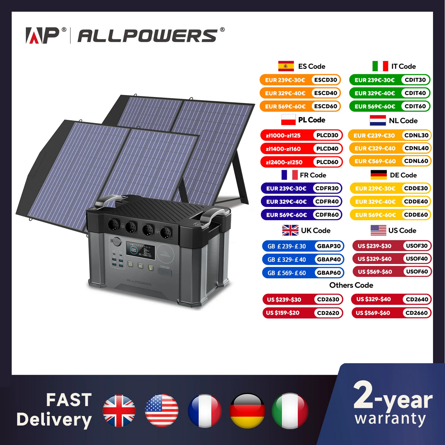ALLPOWERS S2000 Pro Outdoor Generator 2400W MPPT Portable Power Station with 4X100W  Folable Solar Panels for RV Camping, Home