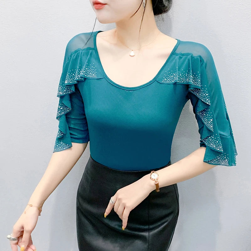 2025 Spring Summer Mesh Tops Korean Fashion Round Neck Patchwork Lotus Leaf Ruffles Shirt Hot Diamond Women T Shirt