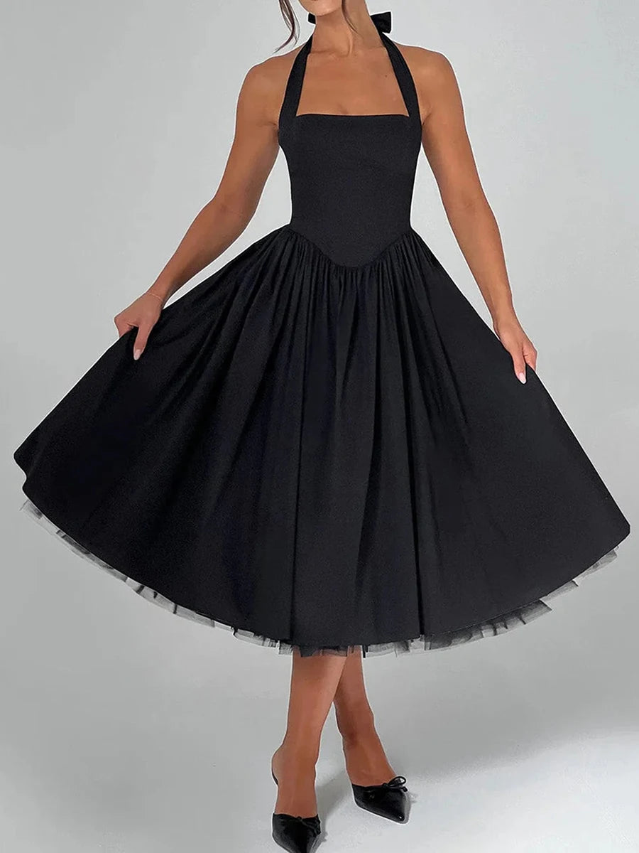 Elegant Sleeveless Midi Dress with Tie-up Halter Neck and Open Back Women s A-line Tank Dress in Solid Color Cross Design