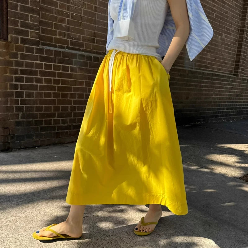 Women Elastic Waist Skirts with Drawstring High Waist Casual Yellow Midi Skirt 2025 New In