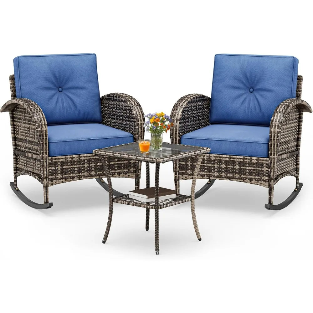 3-Piece Wicker Rocking Chair Set, Outdoor Patio Furniture Set with Plush Cushions, PE Rattan Bistro Set Including Side Table, D