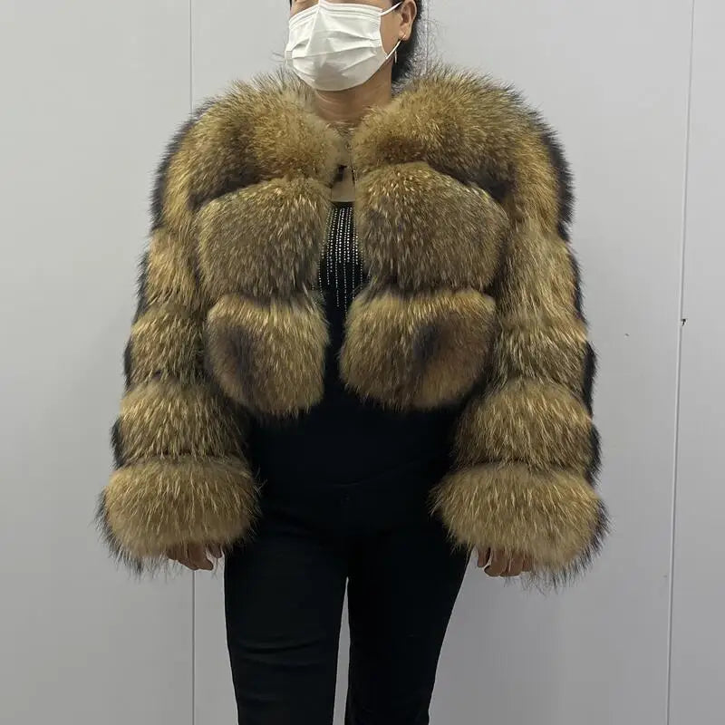 BEIZIRU Women's Short Real Raccoon Fur Coat Winter Long Sleeve Natural Luxury Thick Jacket