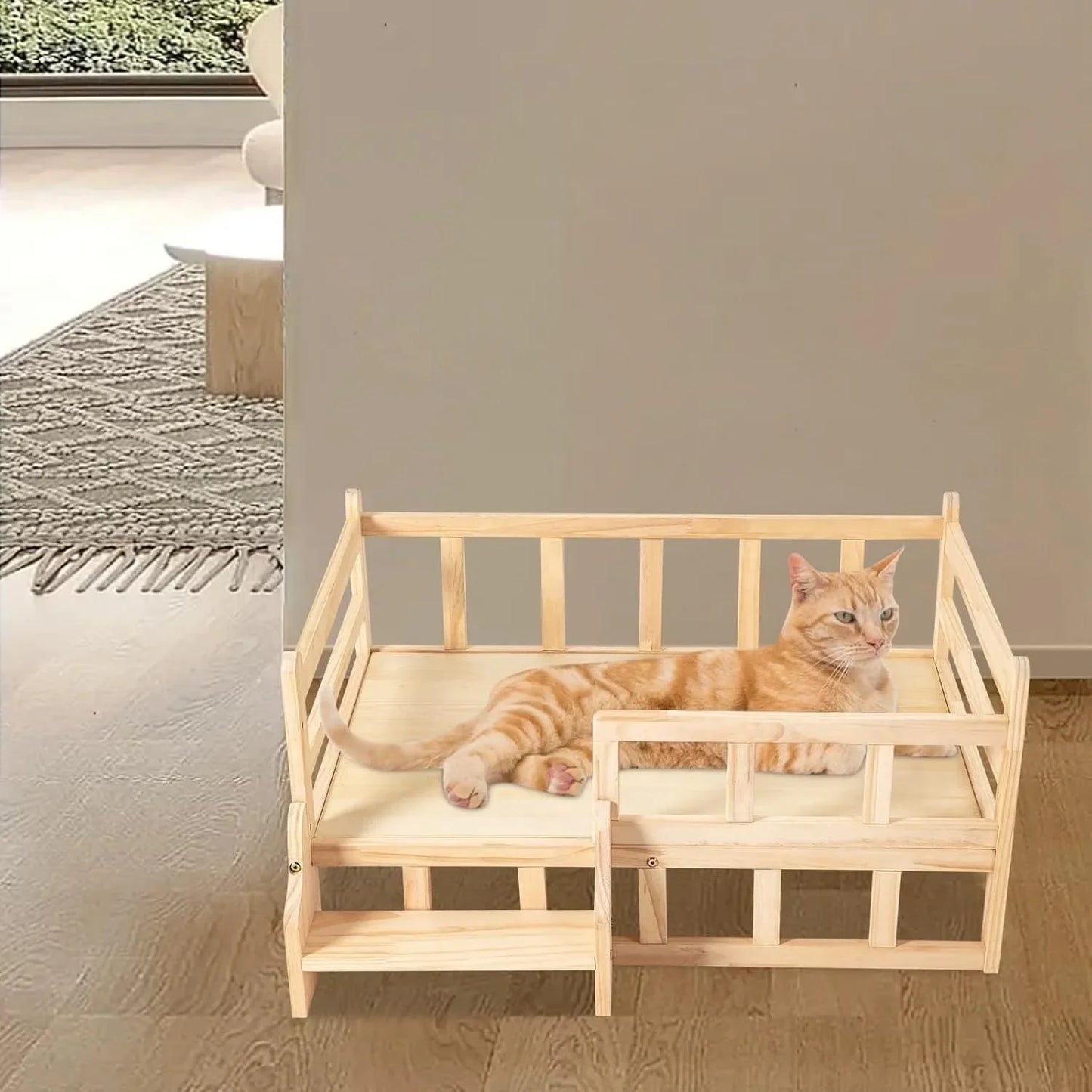 Solid Wood Elevated Pet Bed for Cats and Small Dogs with Safety Fence and Anti-Slip Pads