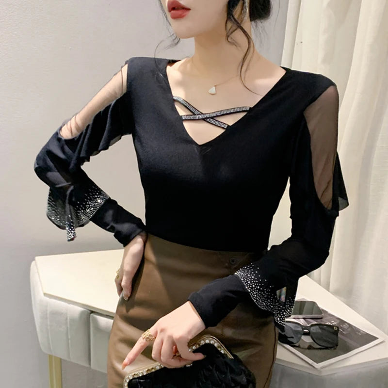 2025 Spring Summer Mesh Tops Korean Fashion Round Neck Patchwork Lotus Leaf Ruffles Shirt Hot Diamond Women T Shirt