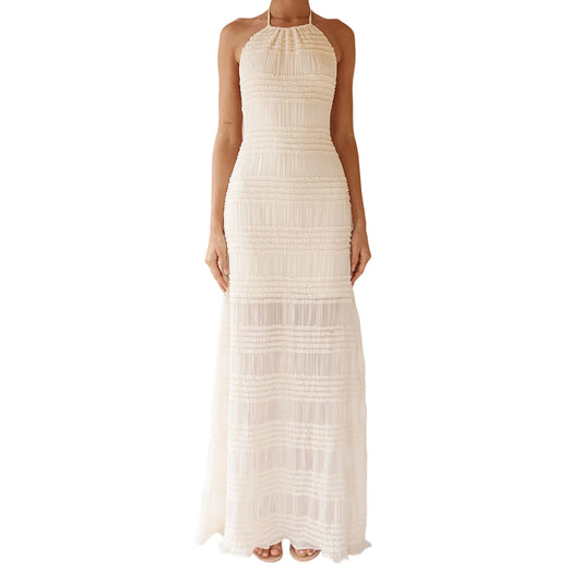 Elegant Maxi Dress with Lace-Up Halter Neck and Open Back Detail Stylish Sleeveless Summer Dress for Women Solid Color Casual