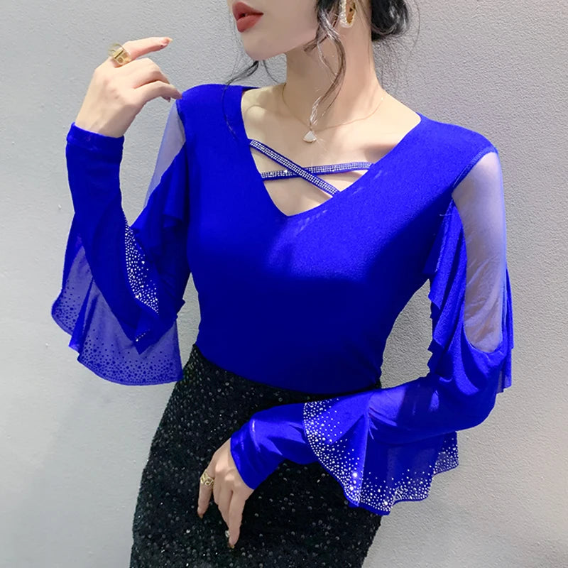 2025 Spring Summer Mesh Tops Korean Fashion Round Neck Patchwork Lotus Leaf Ruffles Shirt Hot Diamond Women T Shirt