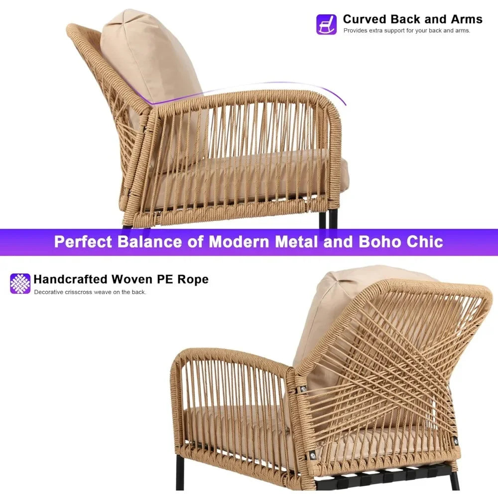 Boho Patio Rocking Chairs Set of 2 with Coffee Table,3 Piece Outdoor Patio Furniture Set,Modern Rope Chair and Table for Balcony
