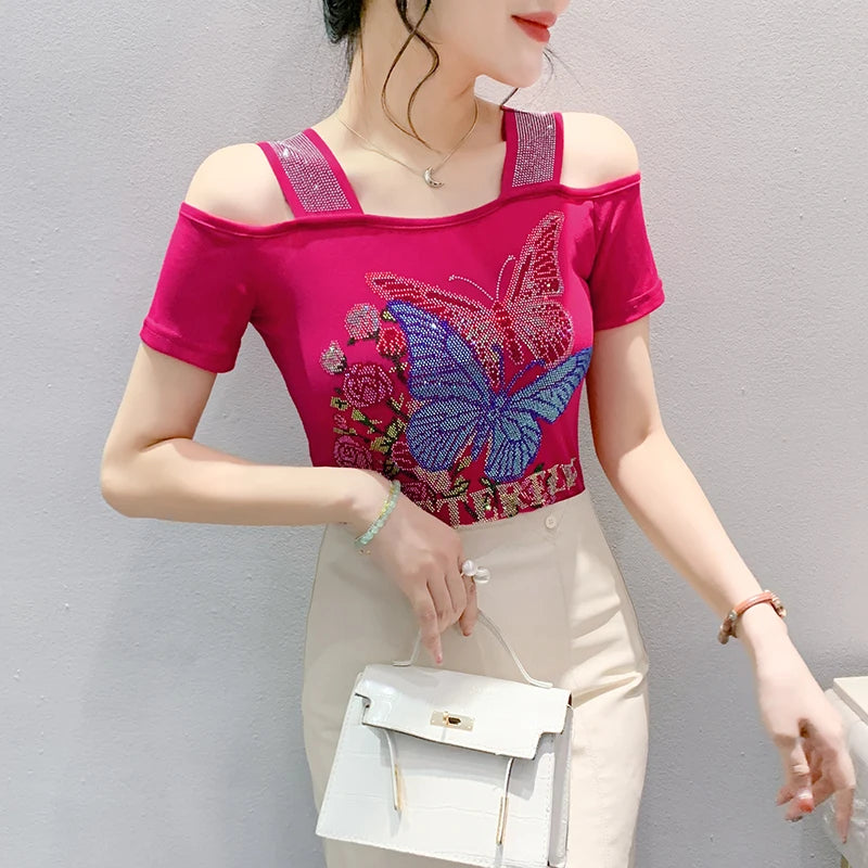 New Ladies Clothes Butterfly Letter Design T-Shirt Sexy Off Shoulder Shiny Diamonds Women Chic Mesh Tops Tees Shirts