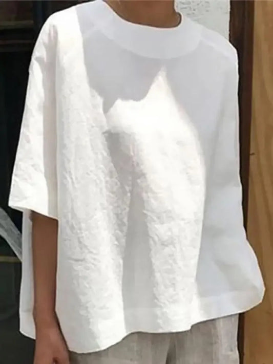 Women Summer Fashion Solid Color Round-Neck Linen T-Shirts Simple Half Sleeves Loose Casual Going Out Tops 2025 New