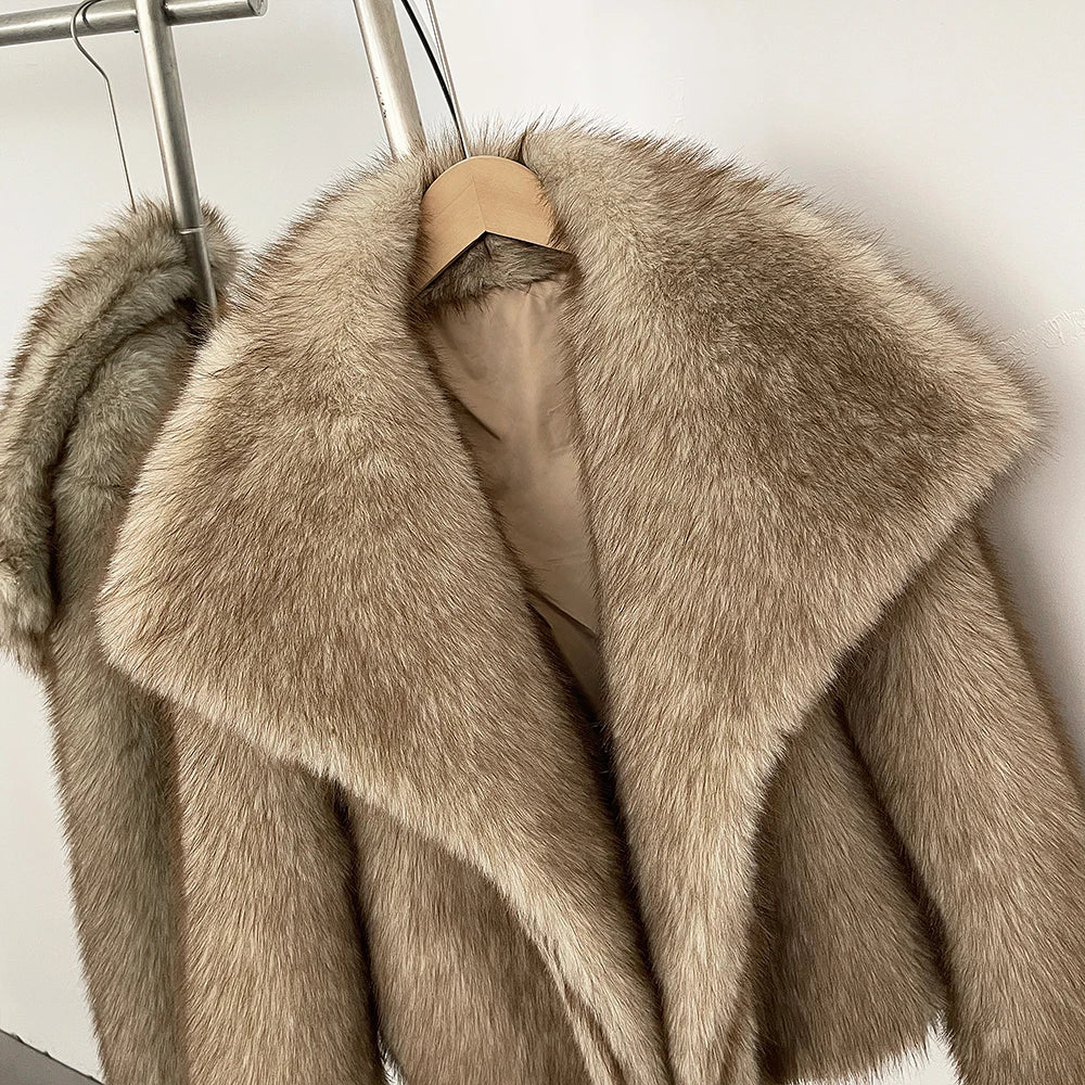 Winter Clothes New Fashion Gradient Fluffy Fur Coat Women High Street Luxury Big Fur Collar Faux Fox Fur Jacket Female Overcoats