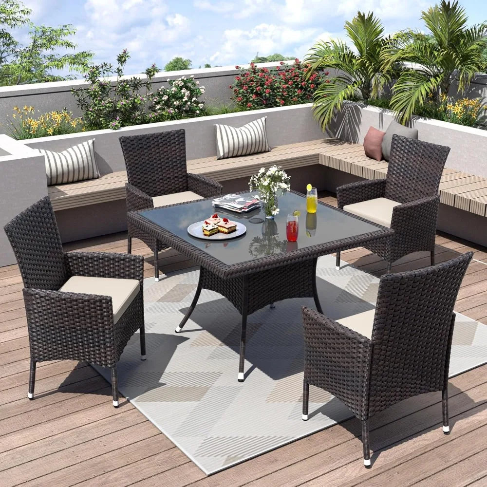 5 Piece Patio Dining Set All-Weather Wicker Outdoor Patio Furniture Set w/Tempered Glass Tabletop, Removable Cushions