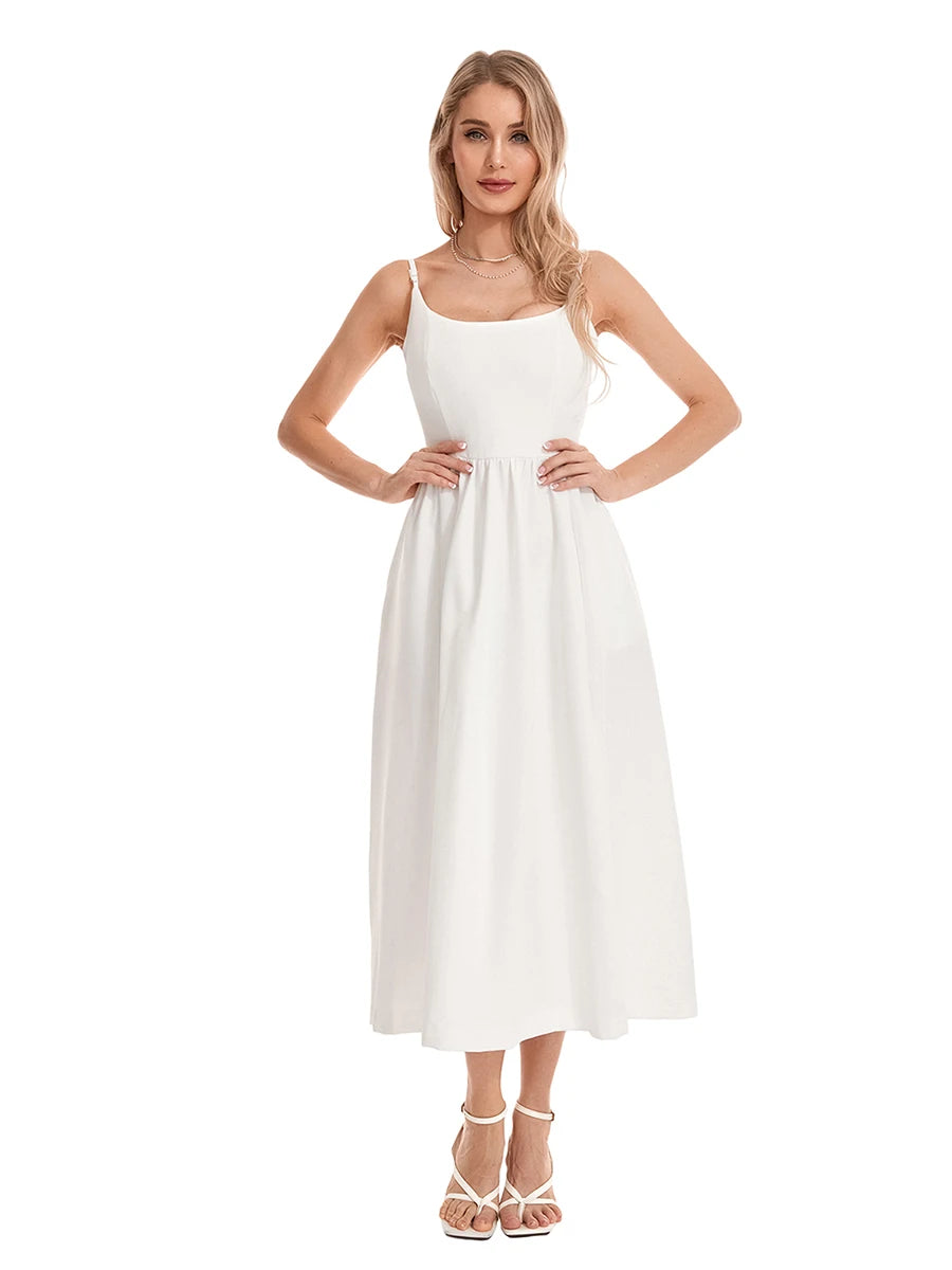 Women s Summer Midi Dress Solid Color Sleeveless Backless Party Dress Spaghetti Strap Beach Dress
