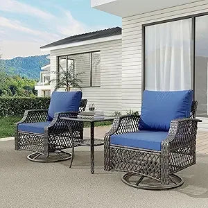 3 Piece Outdoor Swivel Chair Set, Wicker Patio Bistro Set with Thickened 25D Cushions and Glass Coffee Table, Patio Furniture C