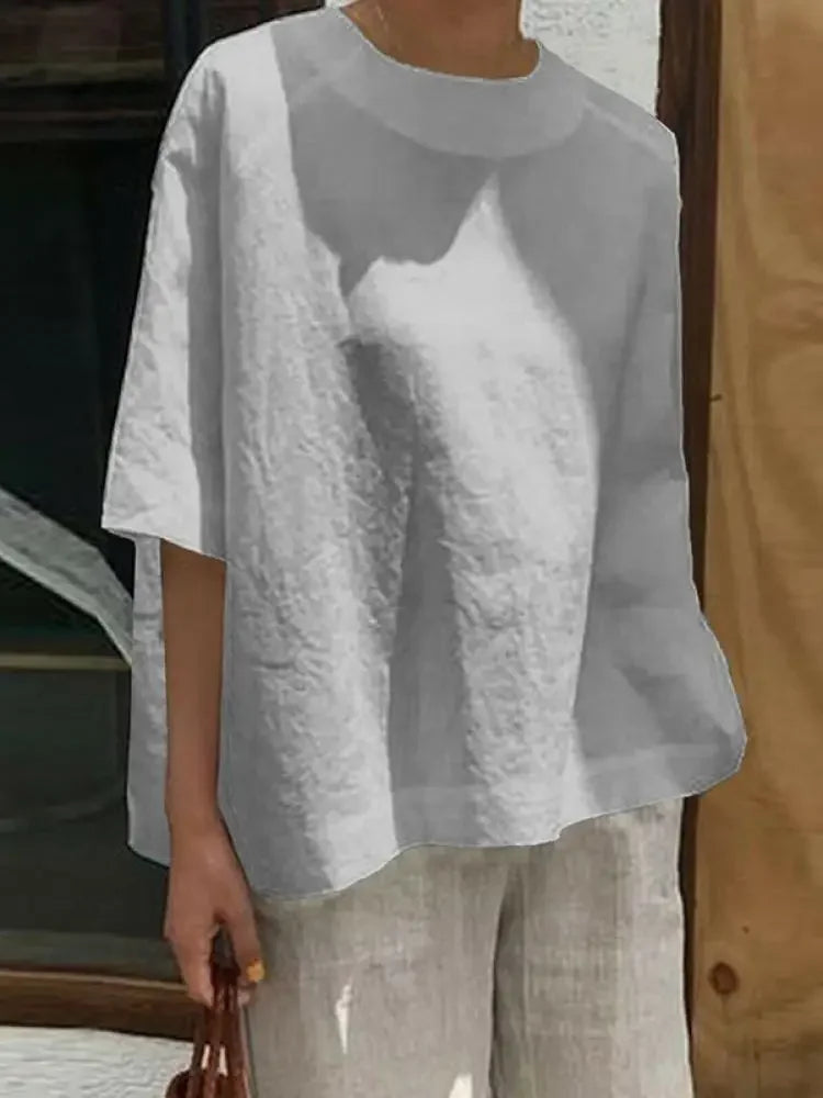 Women Summer Fashion Solid Color Round-Neck Linen T-Shirts Simple Half Sleeves Loose Casual Going Out Tops 2025 New
