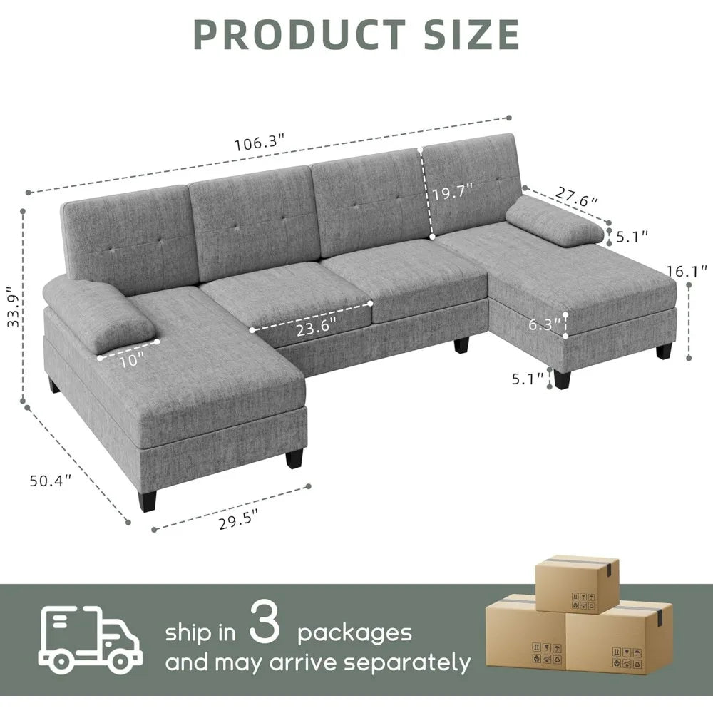 Sectional Sofas for The Living Room, U-Shaped Couch with Dual Chaise Lounge, 4-Seat Furniture Set Featuring Soft Cushions and L
