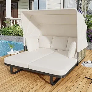 Outdoor Patio Rattan Round Daybed with Retractable Canopy, Wicker Furniture Round Poolside Sofa Sunbed with Removable Cushions (