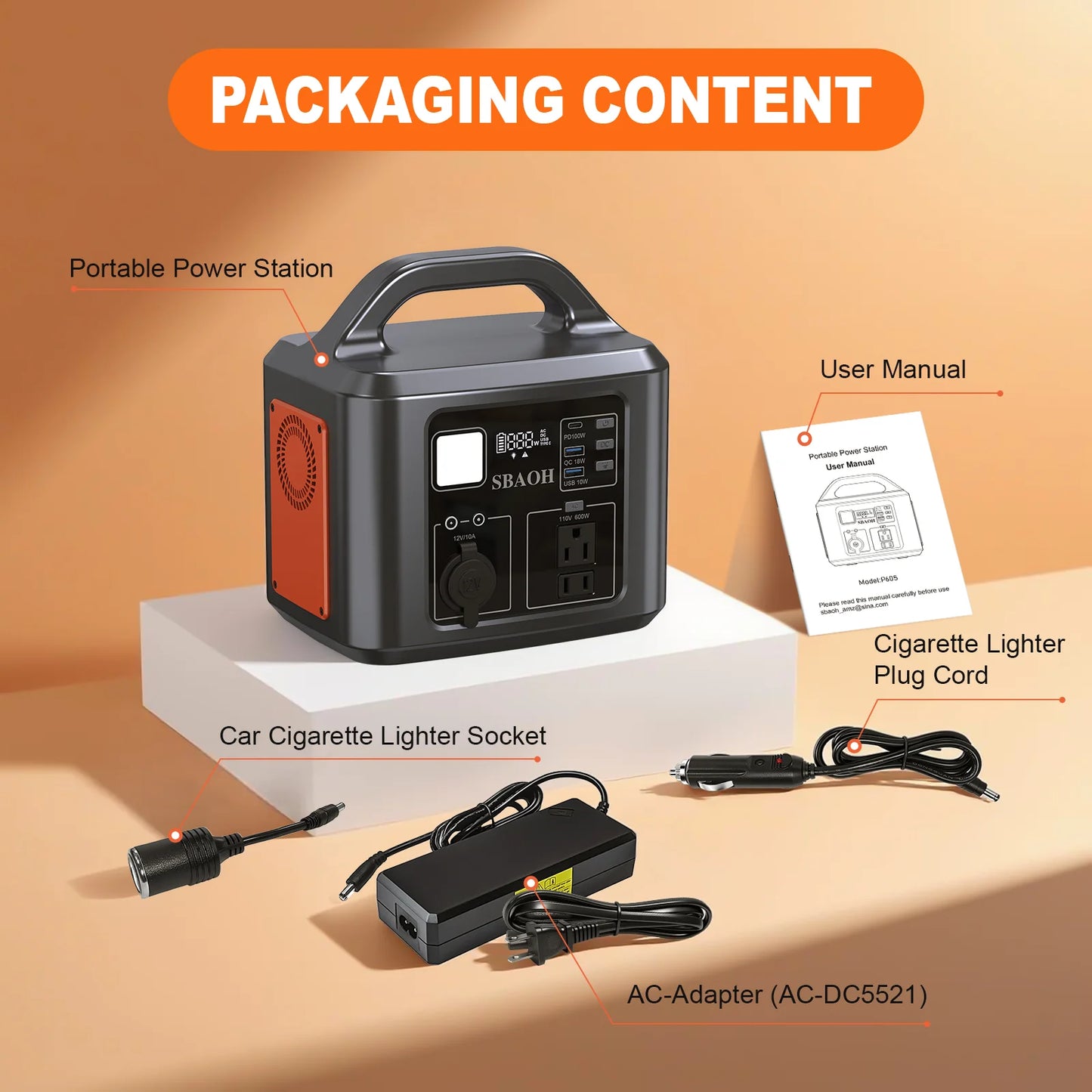 538.7Wh 600W Portable Outdoor Power Station with Solar Charging Input, 100W PD USB-C, QC3.0, AC Power Outlet, Outdoor Camping Ho