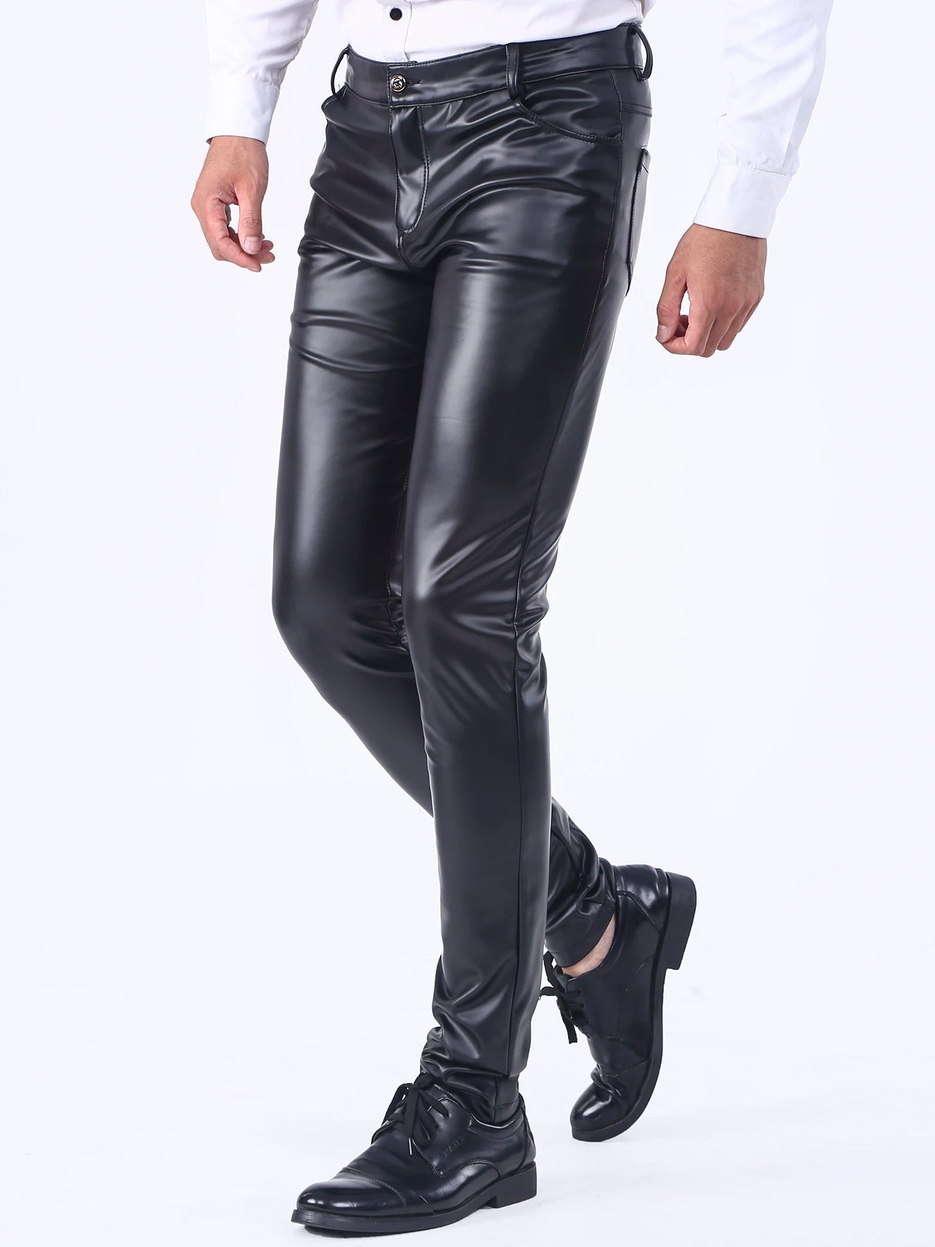 Men`s Party Stage Performance Business Slim Fit Five Pockets Faux Leather Pants Jeans