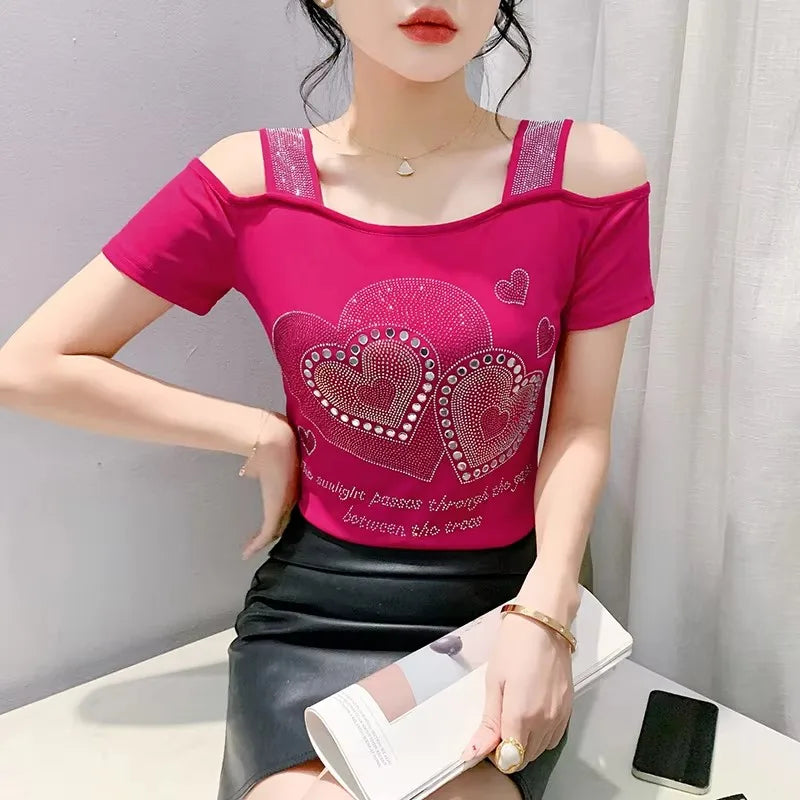 New Ladies Clothes Butterfly Letter Design T-Shirt Sexy Off Shoulder Shiny Diamonds Women Chic Mesh Tops Tees Shirts