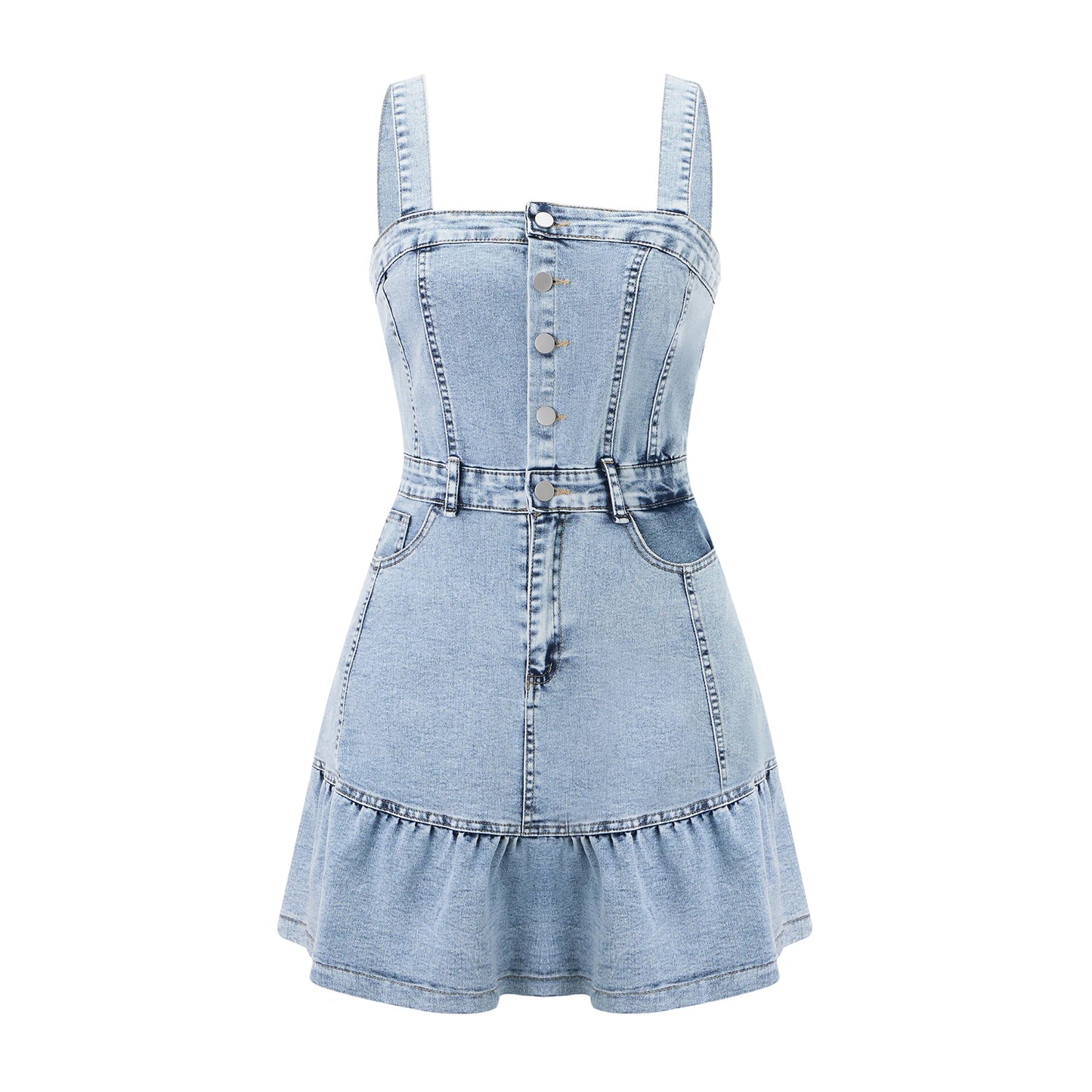 Women s Sleeveless Denim Jumpsuit with Button Up Front and Square Neckline Solid Color Overall Mini Dress for Summer Beachwear