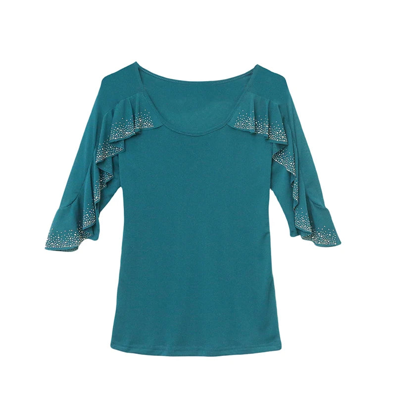 2025 Spring Summer Mesh Tops Korean Fashion Round Neck Patchwork Lotus Leaf Ruffles Shirt Hot Diamond Women T Shirt