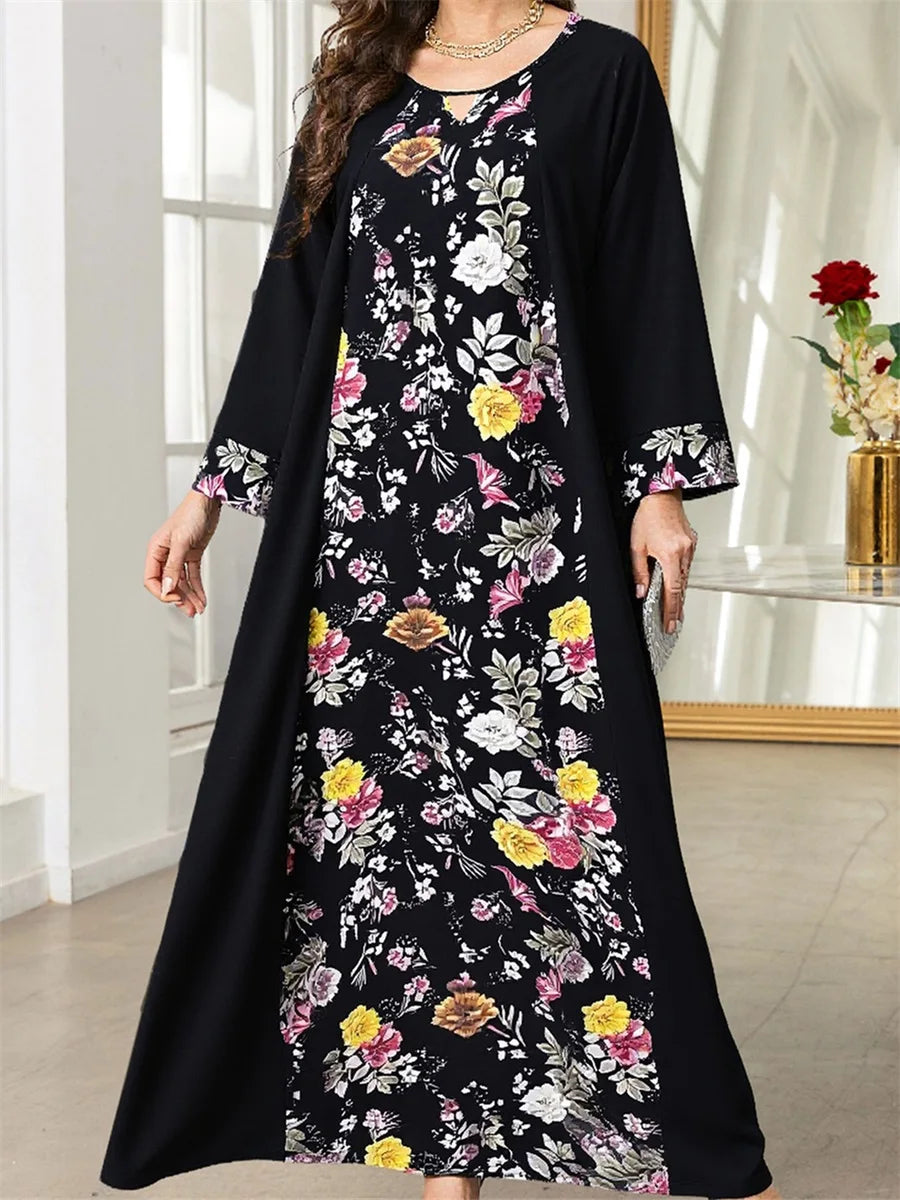 Elegant Floral Print Long Sleeve Round Neck Loose Flowy Maxi Dress with Patchwork Design for Women s Abaya Robe Kaftan