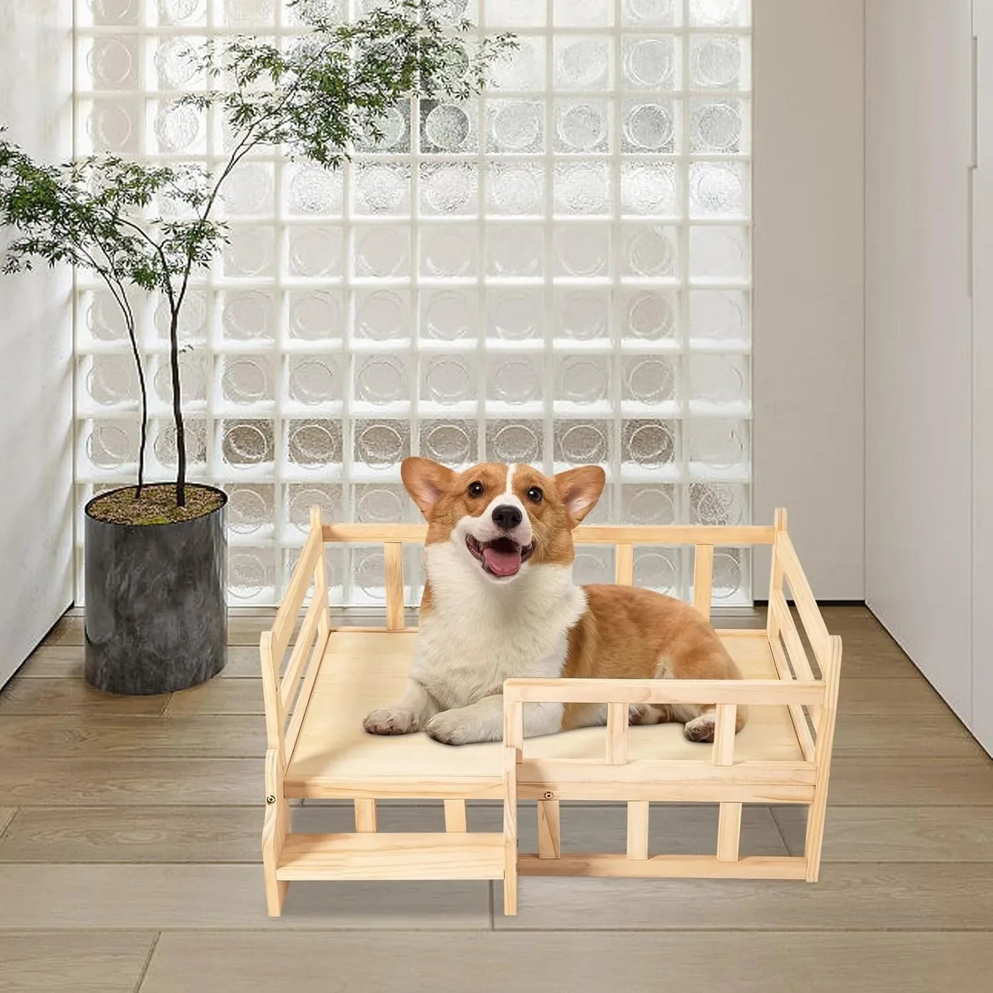 Solid Wood Elevated Pet Bed for Cats and Small Dogs with Safety Fence and Anti-Slip Pads