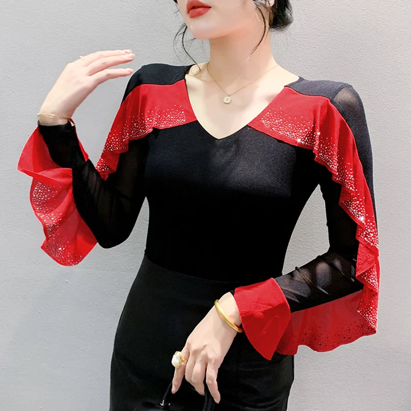 2025 Spring Summer Mesh Tops Korean Fashion Round Neck Patchwork Lotus Leaf Ruffles Shirt Hot Diamond Women T Shirt