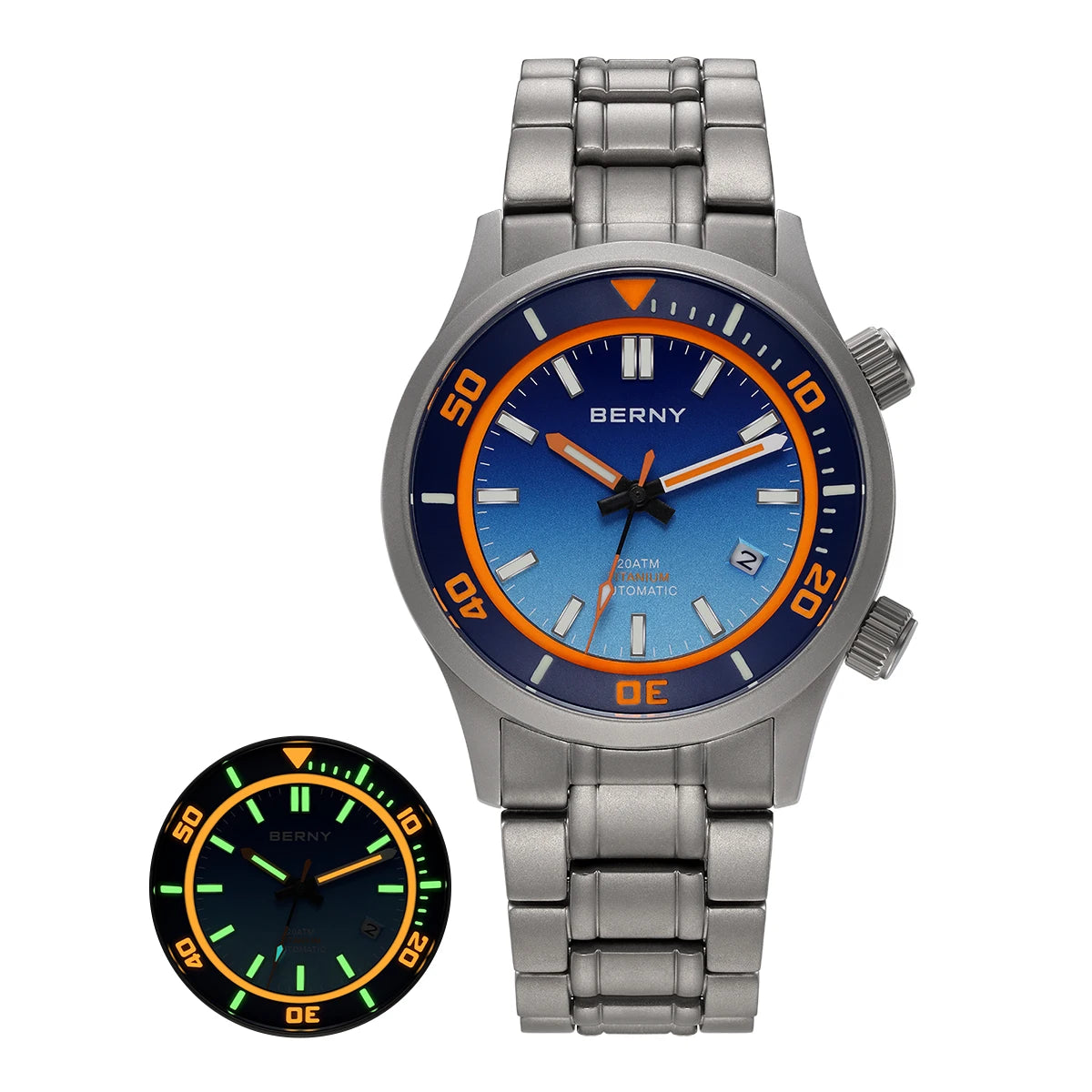 BERNY Men's Titanium Diver Watch with Luminous Dial and Sapphire Crystal 20ATM