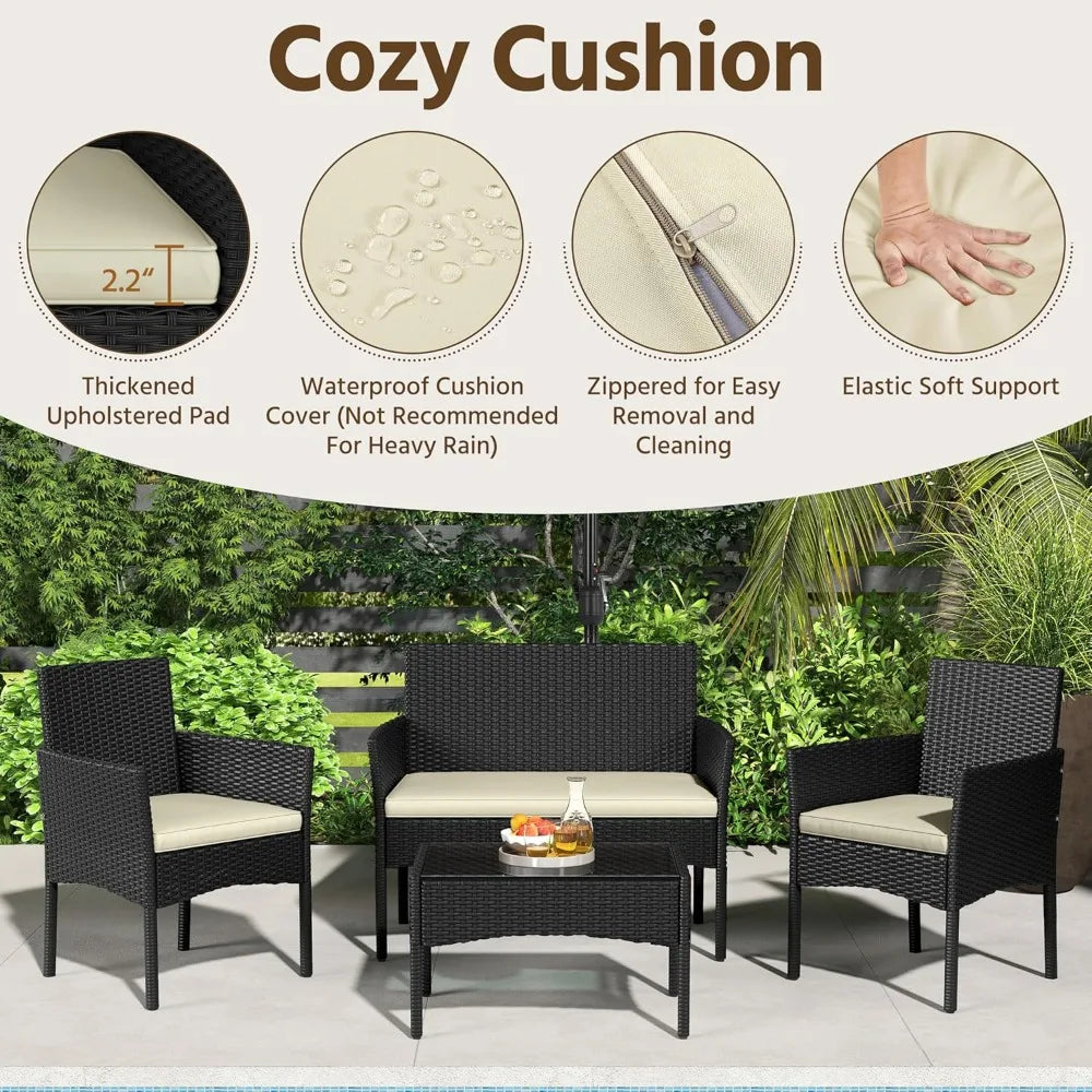Patio Furniture Set 4 Pieces Conversation Sets, Rattan Chair Wicker Set Loveseat with Soft Cushion and Glass Table
