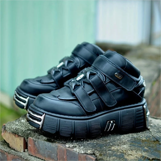 Chunky Heel Platform Metal Decoration Sneakers Large Size Hook Loop Flat Heel Gothic Sport Shoes Female Casual Trainers Designer
