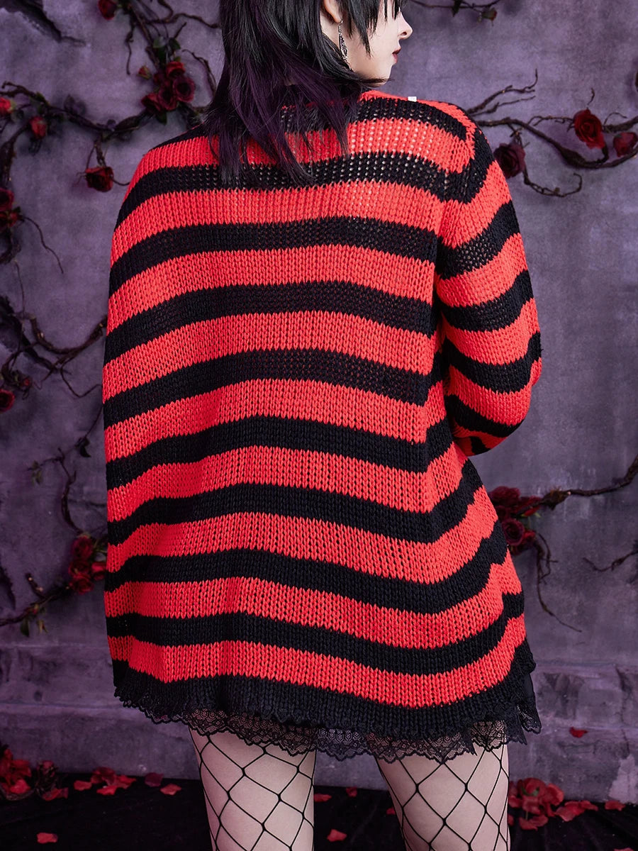 Women Knit Sweater Long Sleeve Crew Neck Striped Ripped Pullover Tops Streetwear