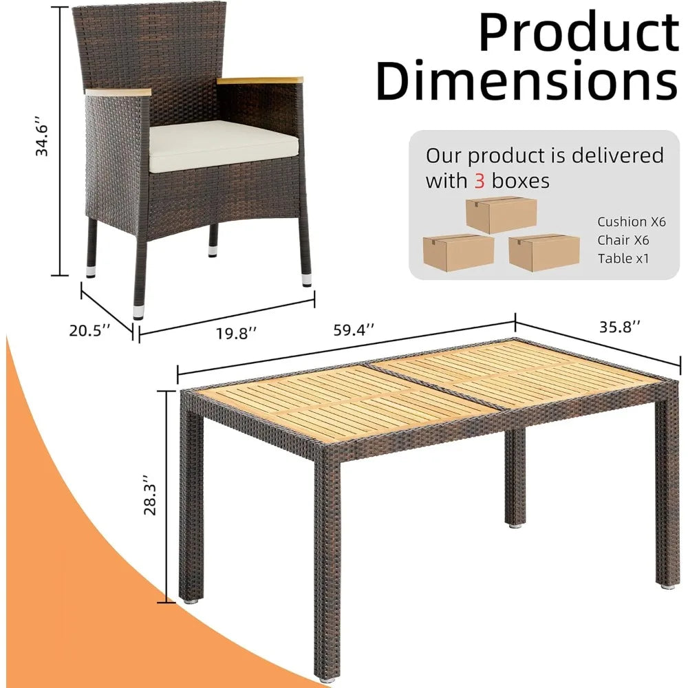 Wicker Patio Furniture Set with Wood Table and 6 Chairs with Soft Cushions for Yard, Garden, 7 Pieces Outdoor Patio Dining Set