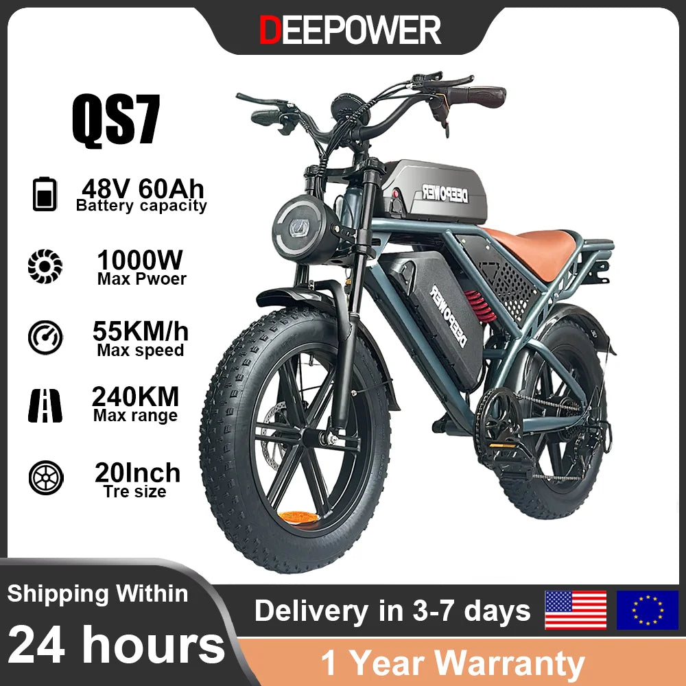 Deepower Electric Bike QS7 1000W 48V 60AH 20 Inch Fat Tire Ebike for Adults Mountain Off-Road Dual Batteries Electric Bicycle