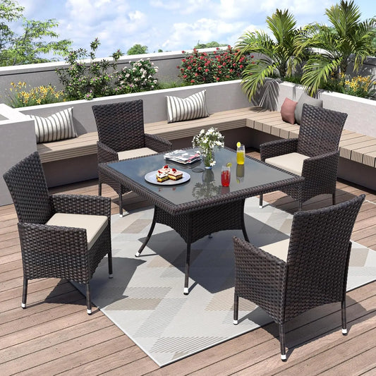 5 Piece Patio Dining Set All-Weather Wicker Outdoor Patio Furniture Set w/Tempered Glass Tabletop, Removable Cushions