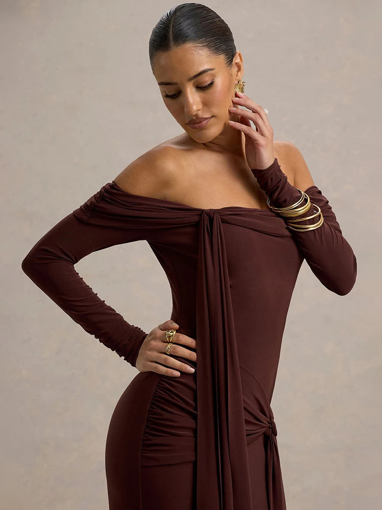 Mozision Off-shoulder Long Sleeve Sexy Maxi Dress Women Gown Autumn Fashion Strapless Backless Draped Ruched Club Long Dresses