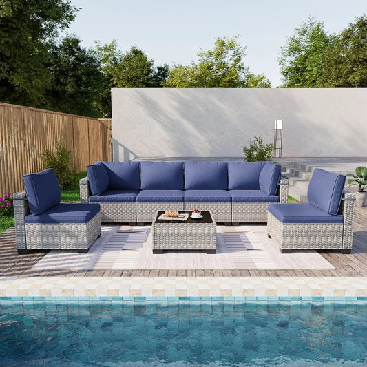7-Piece Patio Furniture Set, Outdoor Patio Furniture with Thick Cushions, Modular Patio Sofa, Dual-Strand Wicker Rattan