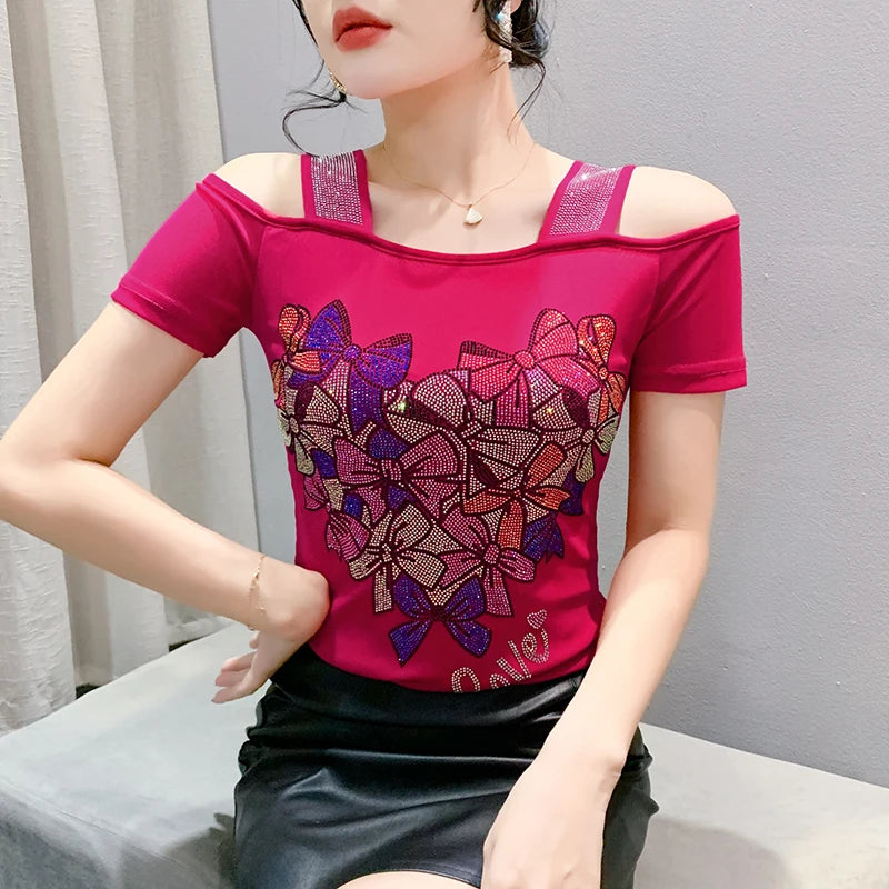New Ladies Clothes Butterfly Letter Design T-Shirt Sexy Off Shoulder Shiny Diamonds Women Chic Mesh Tops Tees Shirts