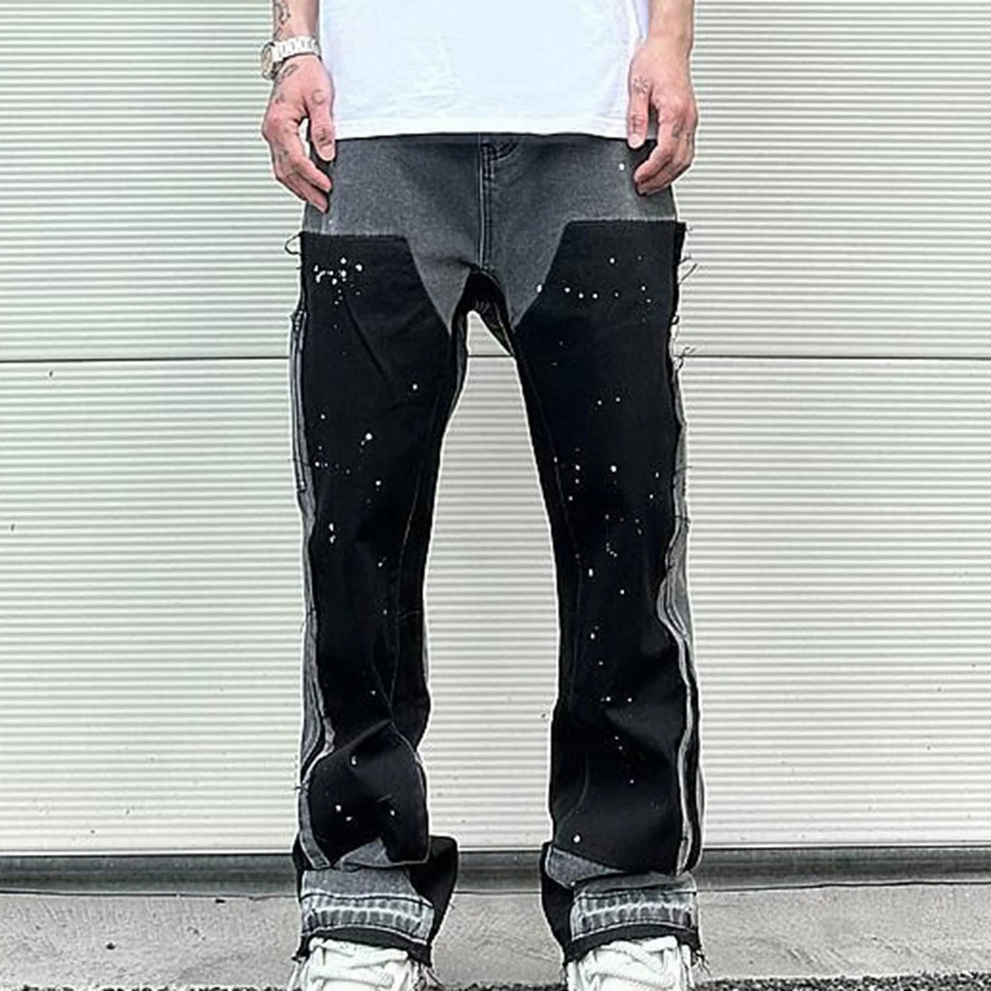Korean Popular Clothes Y2k Old Wash Baggy Jeans Man‘S 2000s Casual Gothic Wide Pants Splicing Ink Street Micro Flare Denim Jeans