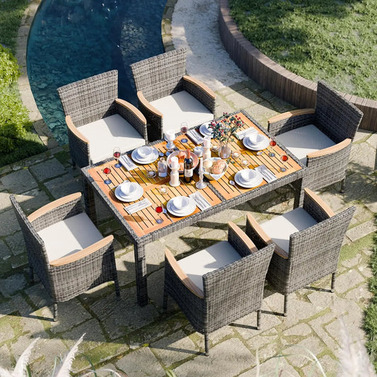 Wicker Patio Furniture Set with Wood Table and 6 Chairs with Soft Cushions for Yard, Garden, 7 Pieces Outdoor Patio Dining Set