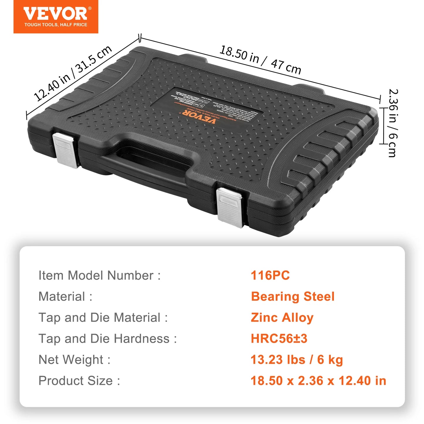 VEVOR 116 Piece Tap and Die Set Metric and SAE Bearing Steel Threading Tools