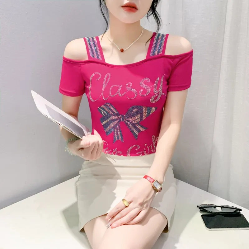 New Ladies Clothes Butterfly Letter Design T-Shirt Sexy Off Shoulder Shiny Diamonds Women Chic Mesh Tops Tees Shirts