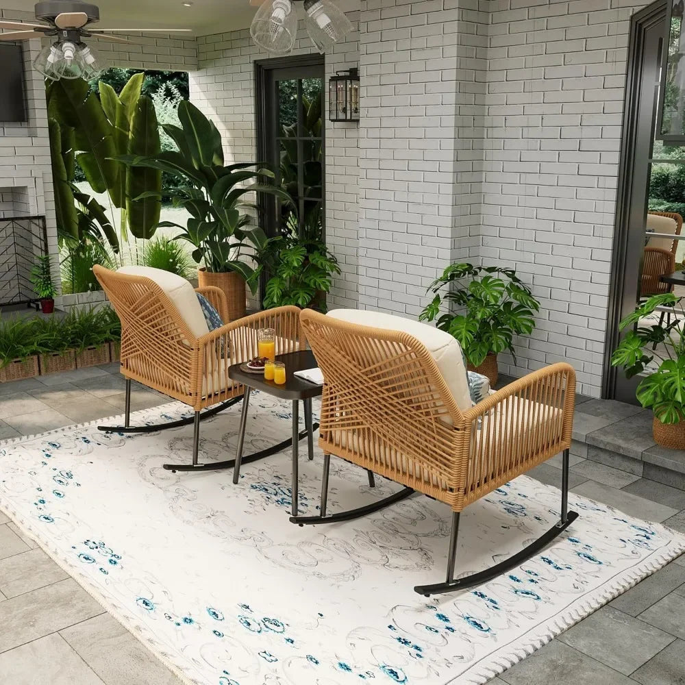 Boho Patio Rocking Chairs Set of 2 with Coffee Table,3 Piece Outdoor Patio Furniture Set,Modern Rope Chair and Table for Balcony