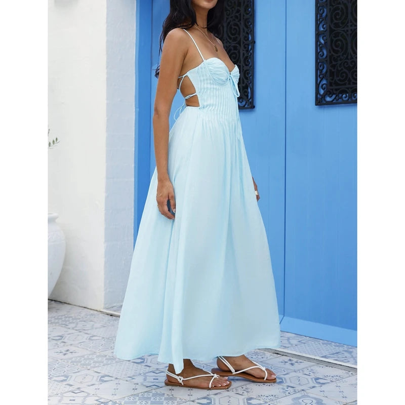 Combhasaki Women Pleated Long Dress Summer Sleeveless Thin Straps Tie-up Front Ruched Bust Backless Flowy Beach A-line Sundress