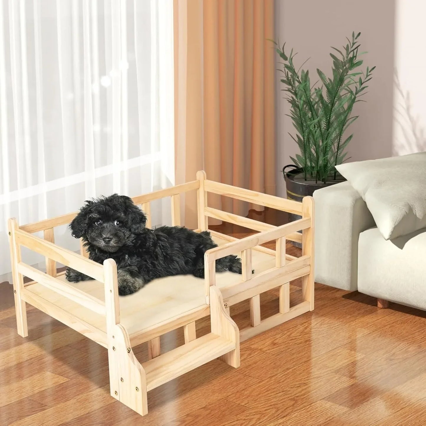 Solid Wood Elevated Pet Bed for Cats and Small Dogs with Safety Fence and Anti-Slip Pads